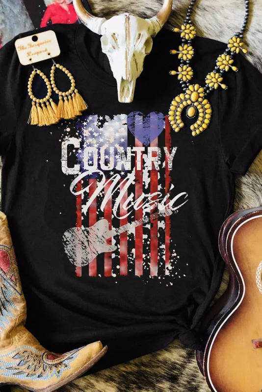 Black Country Music American Flag Print Short Sleeve T Shirt LC25220380-2