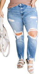 Sky Blue Distressed Holes Frayed Hem Plus Size Jeans PL787003-4