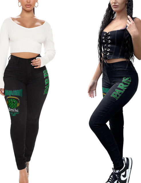 Fashion Print Skinny Jeans in Black TQV510004-2
