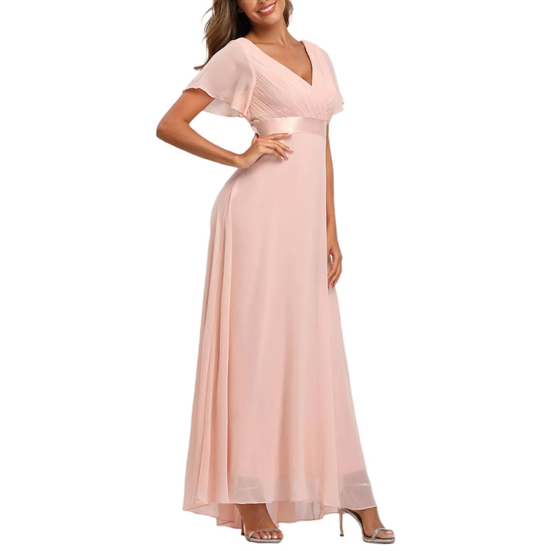 Pink V Neck High Waist Swing Bridesmaid Dress TQK311075-10