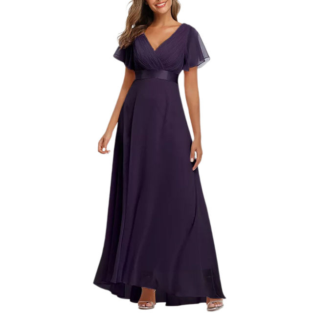 Dark Purple V Neck High Waist Swing Bridesmaid Dress TQK311075-35