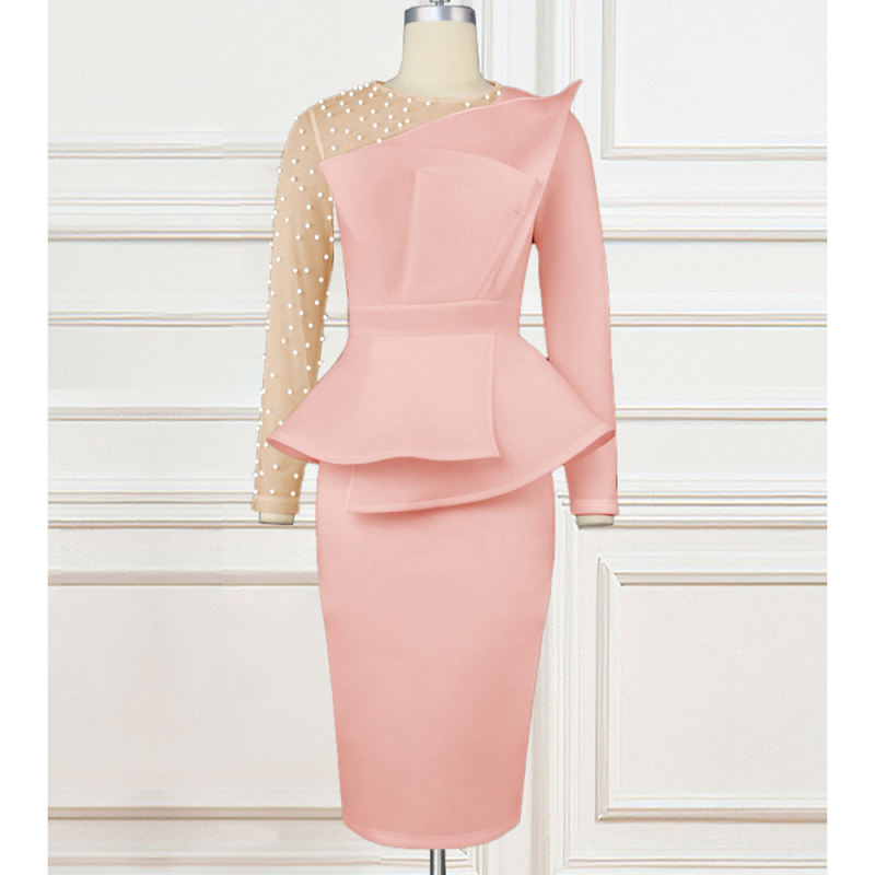 Pink Splicing Mesh Beading Peplum Style Evening Dress