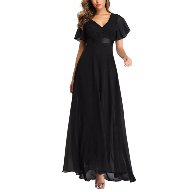 Black V Neck High Waist Swing Bridesmaid Dress TQK311075-2