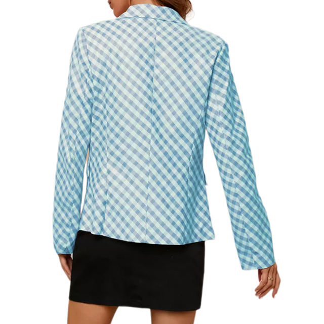 Light Blue Double Breasted Slim Fit Plaid Print Blazer TQK260063-30