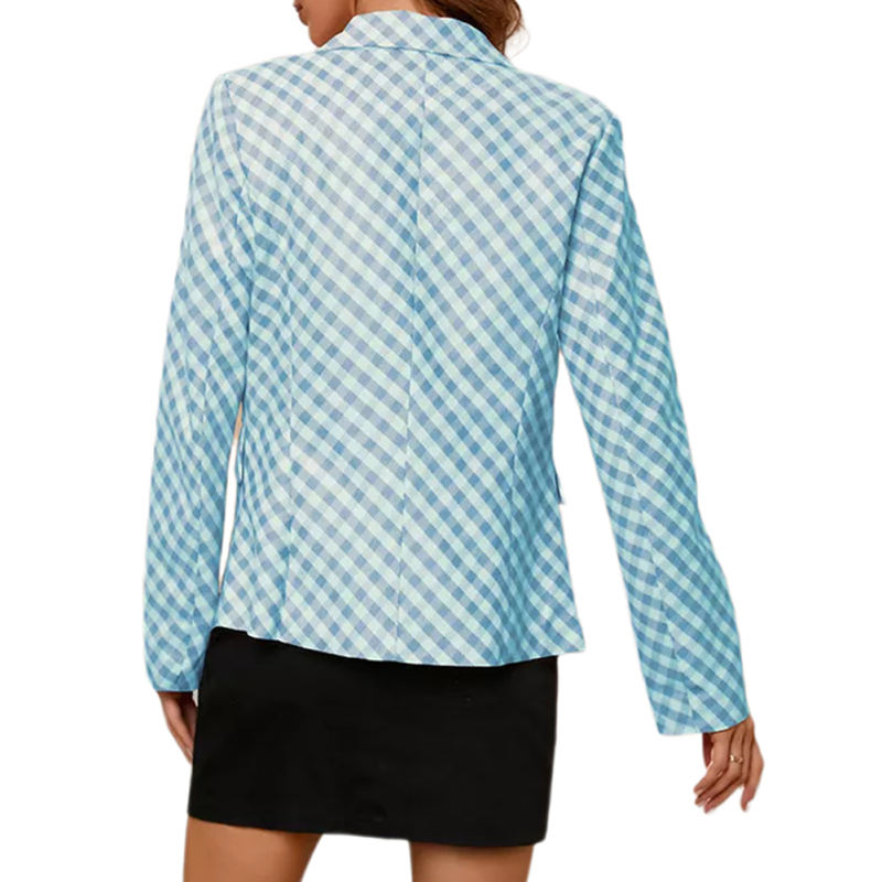 Light Blue Double Breasted Slim Fit Plaid Print Blazer TQK260063-30