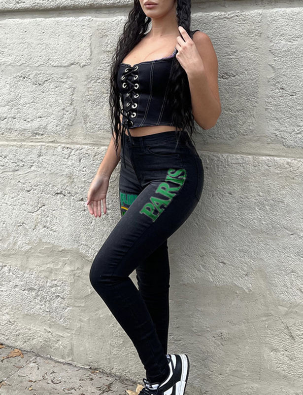 Fashion Print Skinny Jeans in Black TQV510004-2