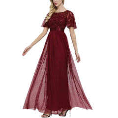 Burgundy Embroidery Sequined Mesh High Waist Evening Dress TQK311076-23