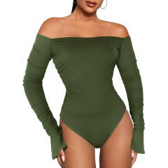 Army Green Rib Off Shoulder Flare Long Sleeve Bodysuit TQV220159-27
