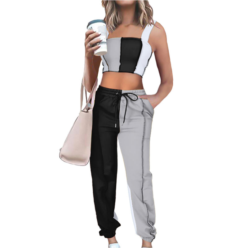 Gray Colorblock Crop Tank with Pant Set TQK710340-11