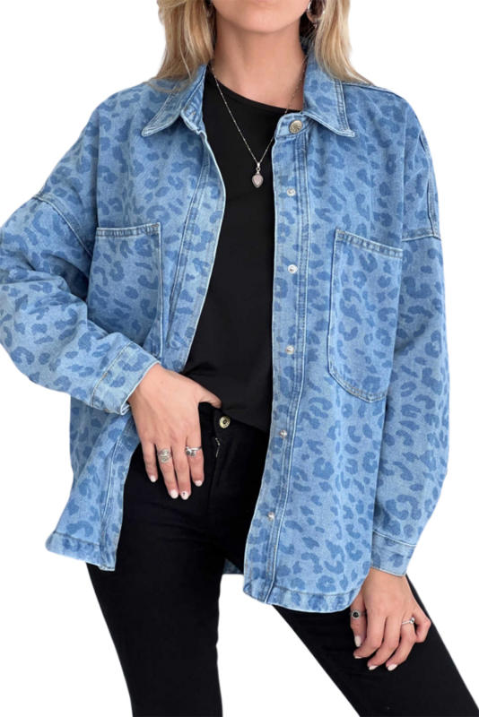Sky Blue Oversized Leopard Denim Jacket with Pockets LC788134-4