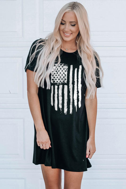 Black American Flag Short Sleeve T Shirt Dress LC619628-2