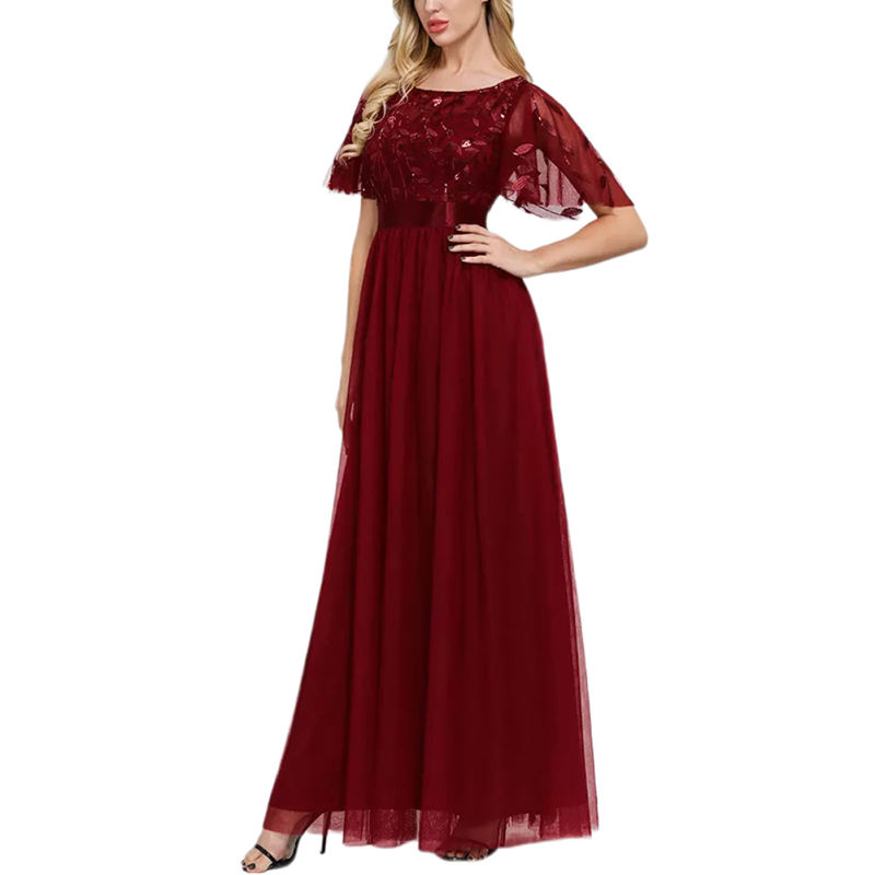 Burgundy Embroidery Sequined Mesh High Waist Evening Dress TQK311076-23