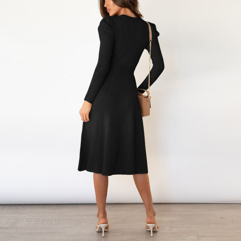 Black Knitted Tie Waist Puff Sleeve Sweater Dress