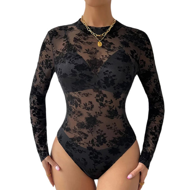 Black Lace Mesh Flocking Print Long Sleeve Bodysuit TQV220155-2