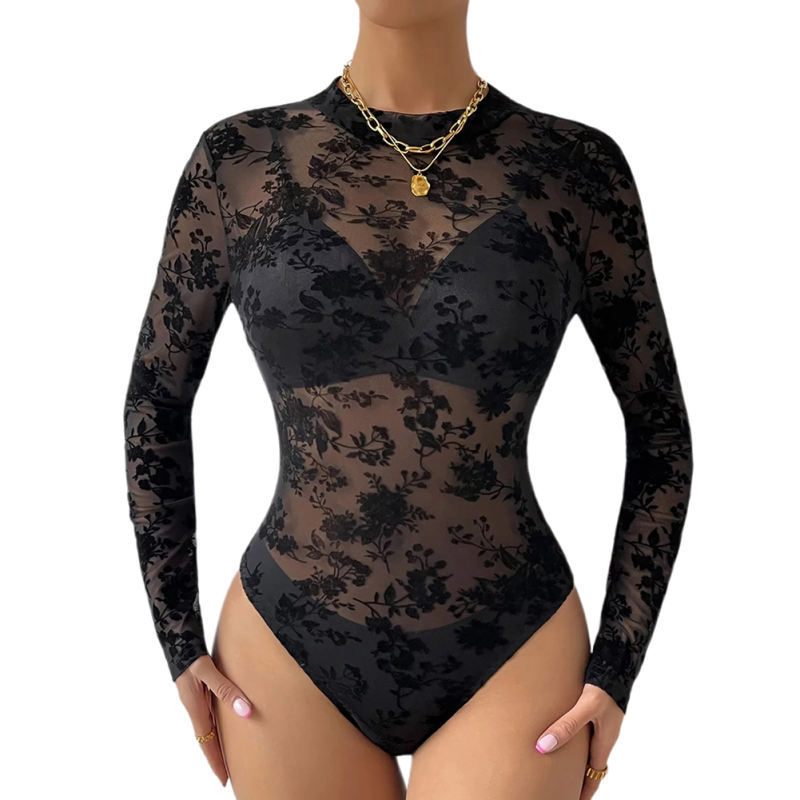 Black Lace Mesh Flocking Print Long Sleeve Bodysuit TQV220155-2