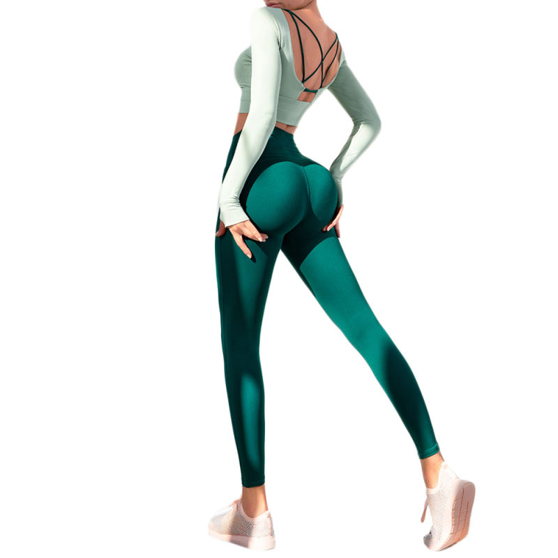 Green Back Hollow Out Long Sleeve Top and Yoga Pants TQE990212-9