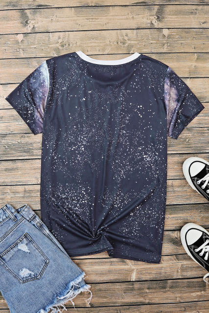 Black Tie Dye Bleached Print Short Sleeve Crewneck Top LC25220646-2