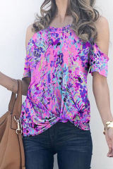 Multicolor Lavender Floral Print Cold Shoulder Blouse LC25219889-22