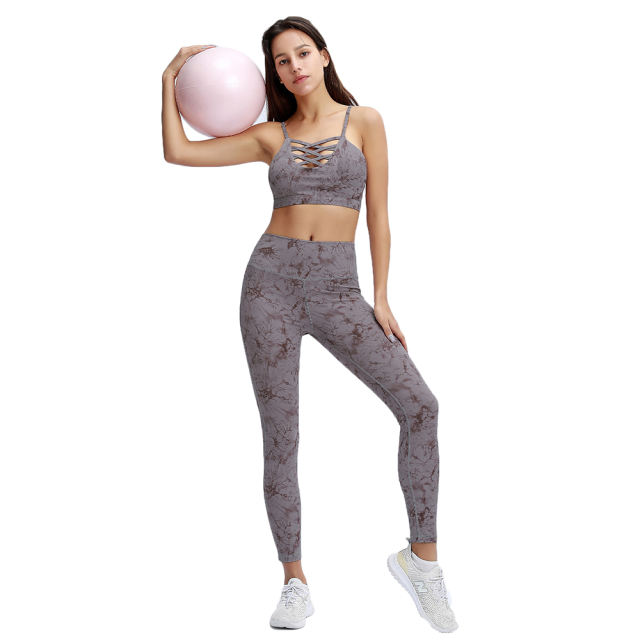 Gray Tie Dye Print Front Criss Cross Bra with Pant Set TQK710272-11