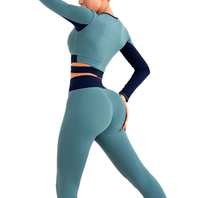 Blue Contrast Long Sleeve Yoga Set TQE990215-5