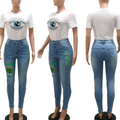 Fashion Print Skinny Jeans in Sky Blue TQV510004-30
