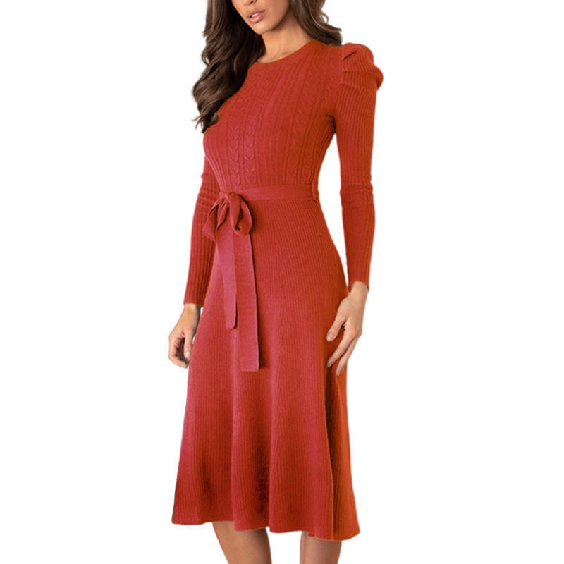 Red Knitted Tie Waist Puff Sleeve Sweater Dress