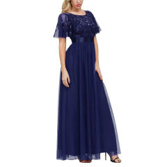 Navy Blue Embroidery Sequined Mesh High Waist Evening Dress TQK311076-34