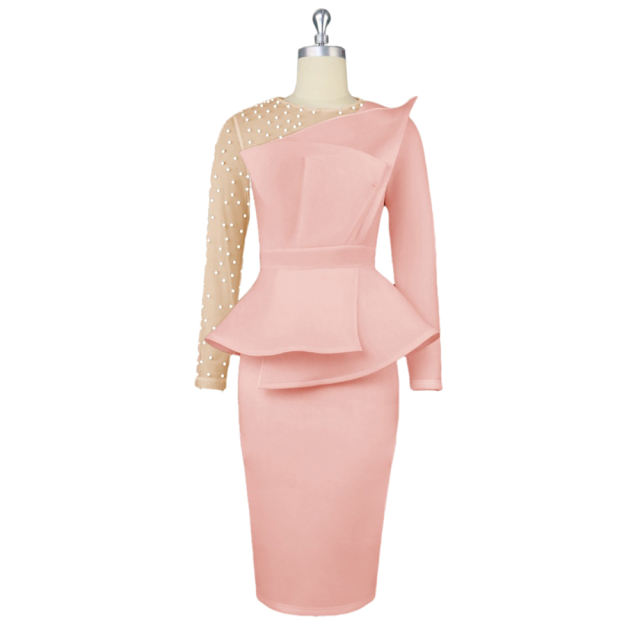 Pink Splicing Mesh Beading Peplum Style Evening Dress