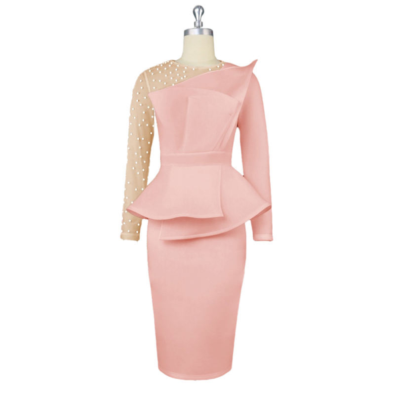 Pink Splicing Mesh Beading Peplum Style Evening Dress