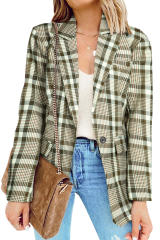 Khaki Plaid Print Lapel Collar Buttoned Blazer  LC852187-1016