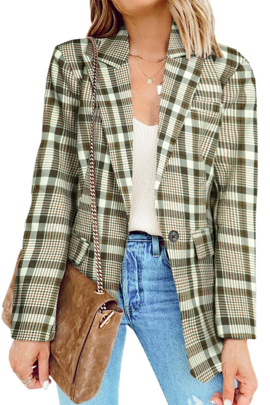 Khaki Plaid Print Lapel Collar Buttoned Blazer  LC852187-1016