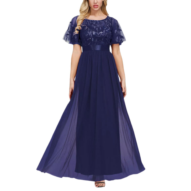 Navy Blue Embroidery Sequined Mesh High Waist Evening Dress TQK311076-34