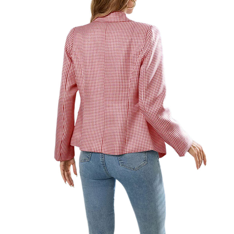 Red Double-breasted Houndstooth Blazer TQK260064-3
