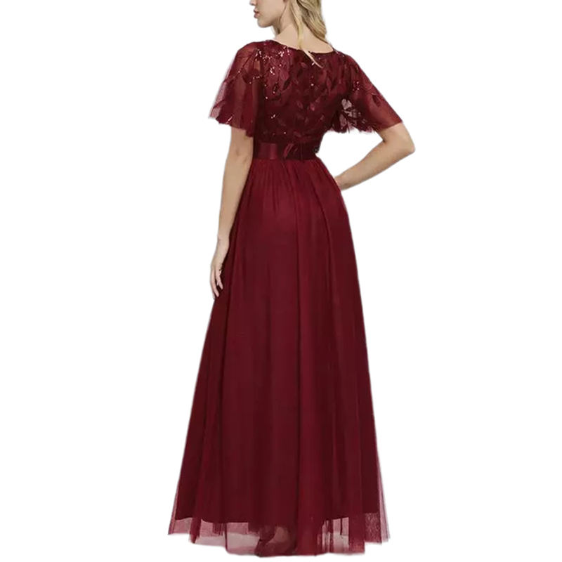 Burgundy Embroidery Sequined Mesh High Waist Evening Dress TQK311076-23