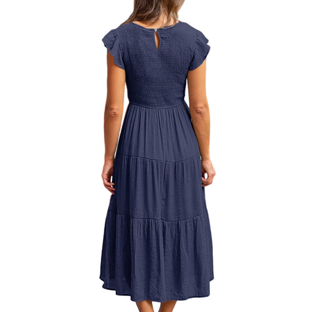 Navy Blue Ruffled Sleeve Pleated Layered Casual Dress TQV310008-34
