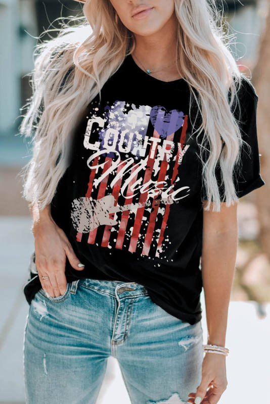 Black Country Music American Flag Print Short Sleeve T Shirt LC25220380-2