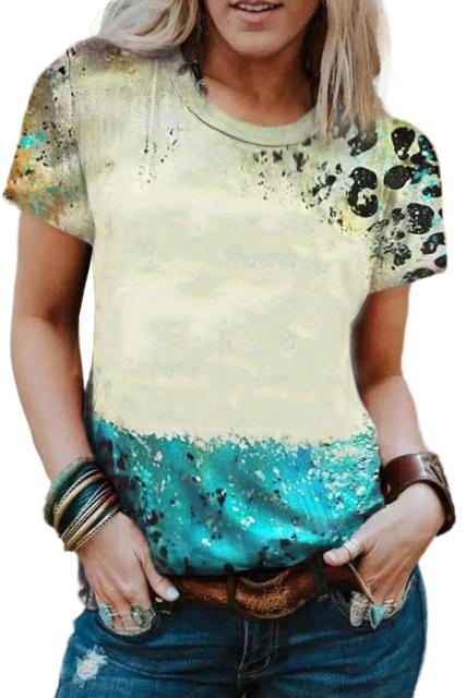 Sky Blue Leopard Tie-dye Bleached T-shirt LC25219912-4