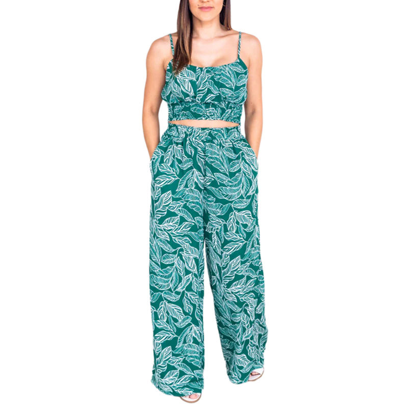 Green Leaf Print Crop Top with Wide Leg Pant Set TQG71002-9