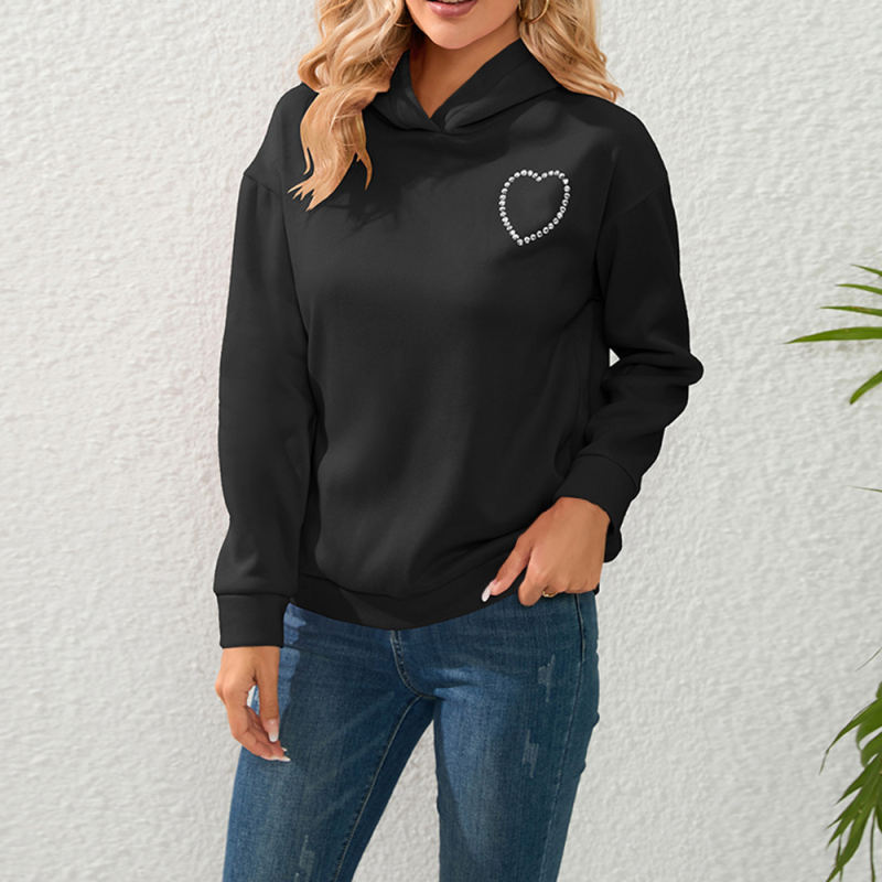 Black Heart Rhinestone Back Cut-out Pullover Hoodie