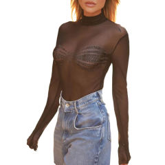 Black Rhinestone Mesh Long Sleeve Bodysuit TQV220156-2