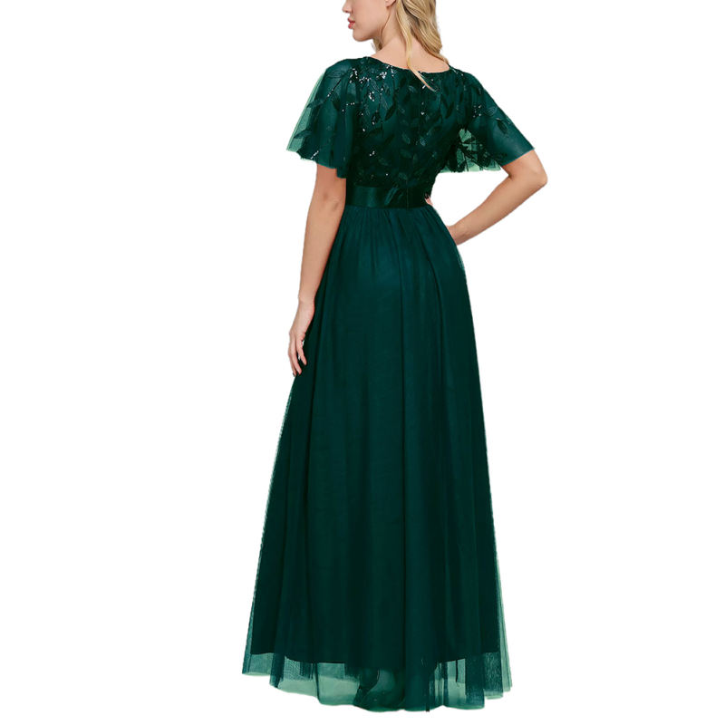 Dark Green Embroidery Sequined Mesh High Waist Evening Dress TQK311076-36