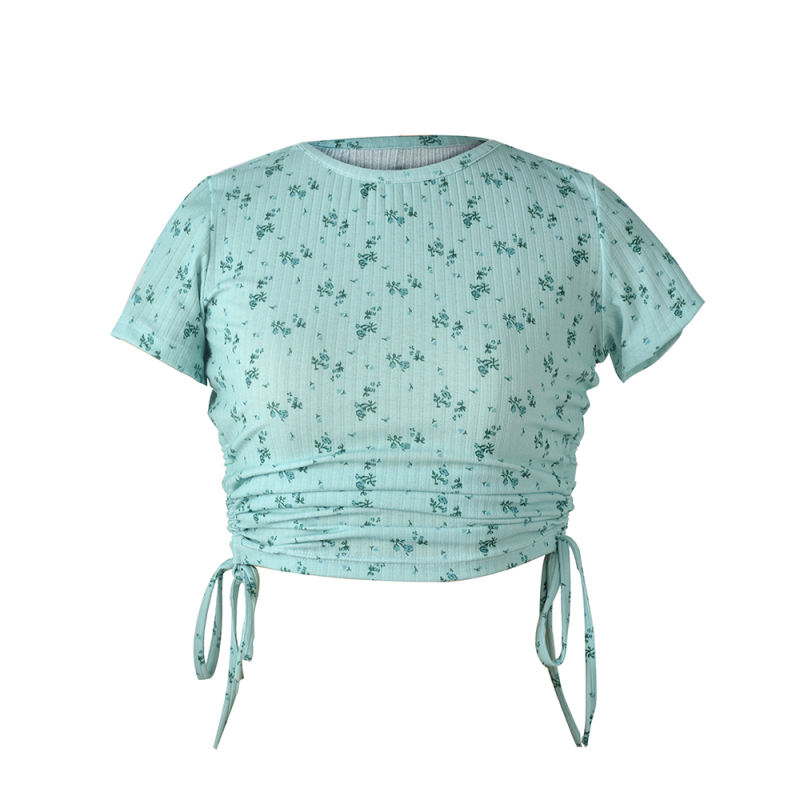 Light Green Sides Drawstring Short Sleeve Crop Top TQK210630-28