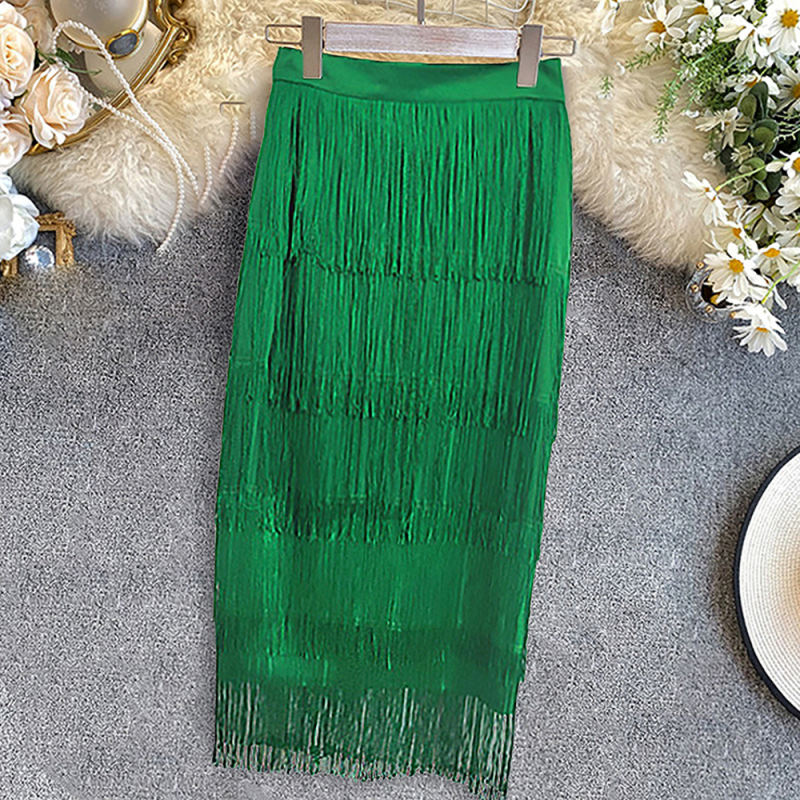 Green High Waist Slim Fit Tassel Pencil Skirt
