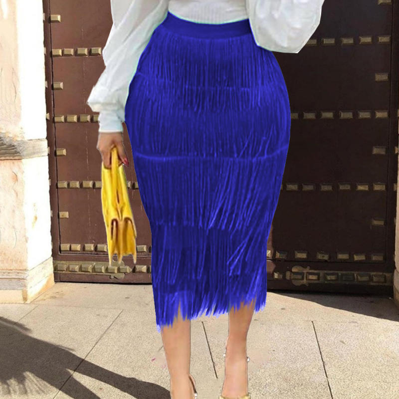 Blue High Waist Slim Fit Tassel Pencil Skirt