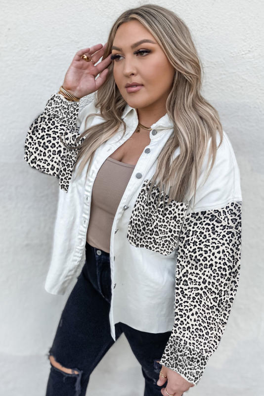 White Plus Size Leopard Splicing Button Denim Jacket LC851133-1