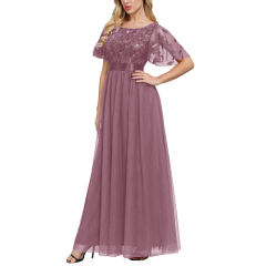 Pink Embroidery Sequined Mesh High Waist Evening Dress TQK311076-10