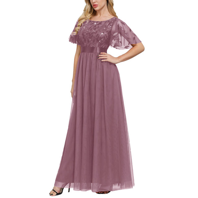 Pink Embroidery Sequined Mesh High Waist Evening Dress TQK311076-10