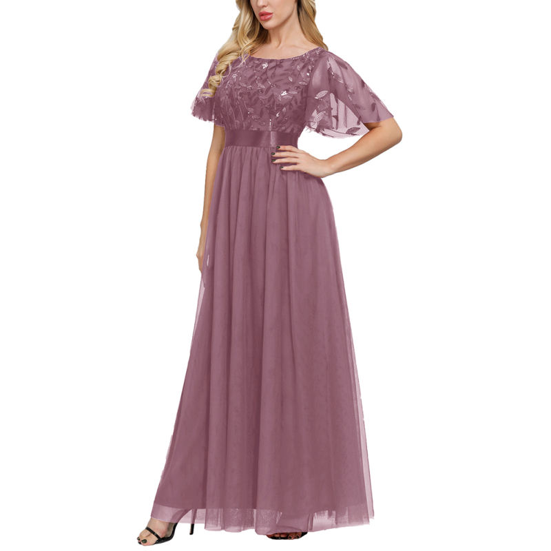 Pink Embroidery Sequined Mesh High Waist Evening Dress TQK311076-10