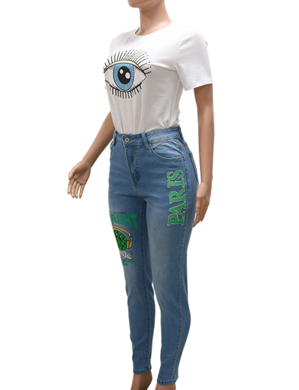 Fashion Print Skinny Jeans in Sky Blue TQV510004-30