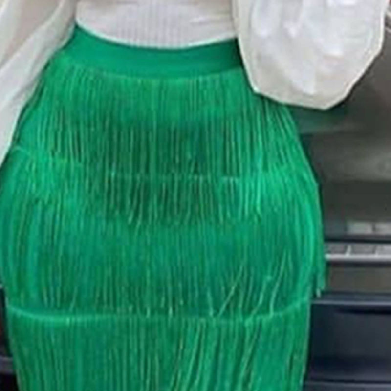 Green High Waist Slim Fit Tassel Pencil Skirt